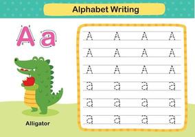 Alphabet Letter A-Alligator exercise with cartoon vocabulary illustration, vector
