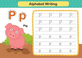 Ejercicio de alfabeto letra p-cerdo con ilustración de vocabulario de dibujos animados, vector