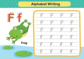 Ejercicio de alfabeto letra f-rana con ilustración de vocabulario de dibujos animados, vector