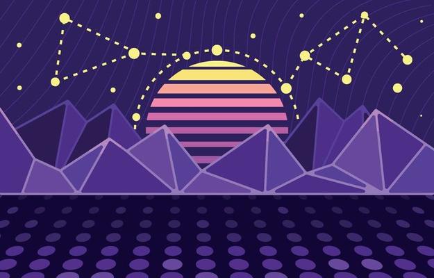 Retro Sunset Landscape Over The Futuristic Mountain Background
