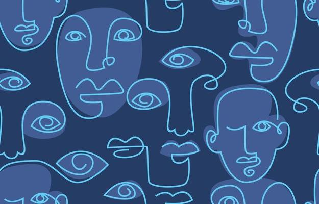 One Line Art Faces Seamless Pattern