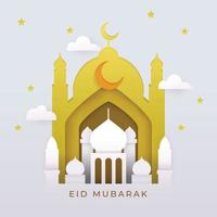 celebrar eid mubarak con mezquita y luna vector