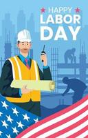 Ondeando la bandera americana con hombres de mano de obra de la construcción vector