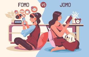 concepto fomo vs jomo vector