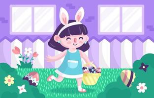 Little Girl Playing at Finding Easter Eggs in the Garden vector