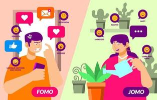 Comparación de escenas infográficas de fomo jomo. vector