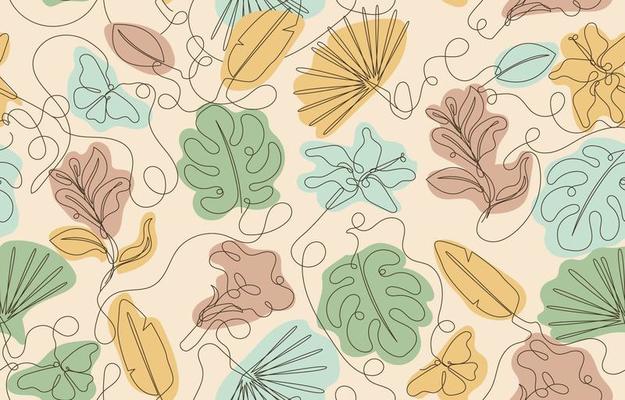 Leaves and Butterflies Pattern One Line Art Background