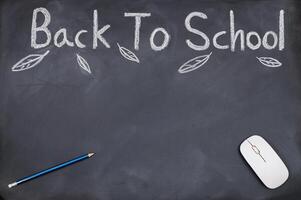 Back to school concept with chalk and mouse on blackboard stock photo