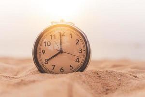 Selective focus of alarm clock with nature background photo