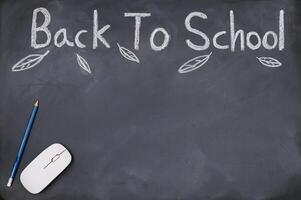 Back to school concept with chalk and mouse on blackboard photo