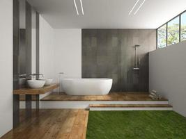 Interior of a bathroom with wooden and grass floors in 3D rendering