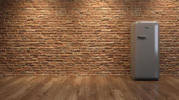 Interior with a grey fridge and a brick wall in 3D illustration photo