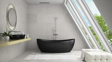 Interior de un baño abuhardillado con un espejo redondo en 3D rendering foto