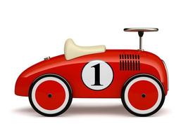 Red retro toy car with a number one isolated on a white background