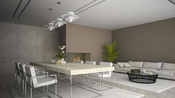 Interior of a modern room with a fireplace and palm plant in 3D rendering photo