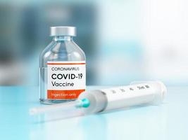 Medical vaccine bottle vial for Covid-19 coronavirus in a research medical lab in 3D illustration