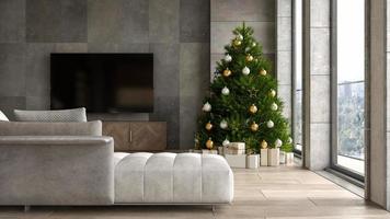 Interior de la moderna sala de estar con un árbol de Navidad en 3D rendering foto