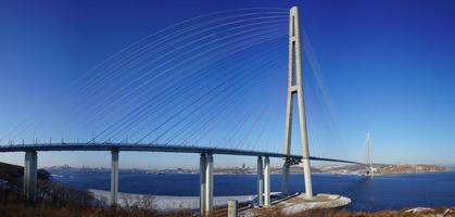 Panorama of Russky Bridge against a clear blue sky in Vladivostok, Russia