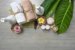 Top view, composition of spa treatment on wooden table