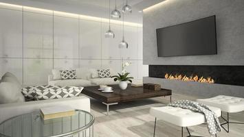 Interior of a living room with a stylish fireplace in 3D rendering photo