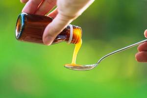 Man hand pouring medication or antipyretic syrup from bottle to spoon photo