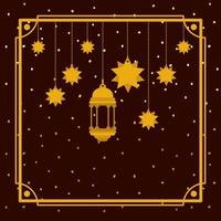 ramadan kareem golden frame with lamp and stars hanging vector