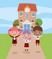 school building with interracial kids vector