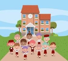 edificio escolar con niños interraciales vector