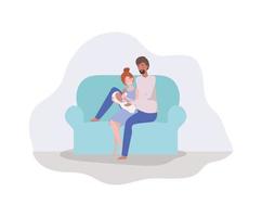 parents taking care of a newborn baby on the couch vector