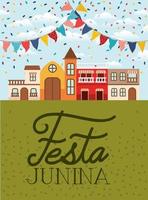 festa junina con escena de pueblo y guirnaldas. vector