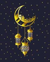 golden moon with mosque buildings and lamps hanging vector