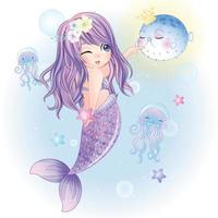 Cute mermaid with watercolor illustration vector