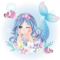 Cute mermaid with watercolor illustration vector