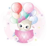 Cute owl flying in hot air balloon illustration vector