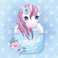 Cute unicorn sitting inside pocket illustration vector