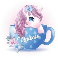 Cute unicorn sitting inside cup illustration vector