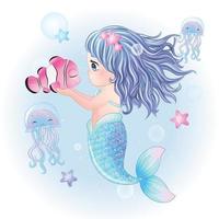 Cute mermaid with watercolor illustration vector