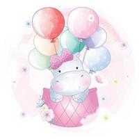 Cute hippo flying in hot air balloon illustration vector