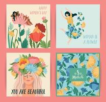 día Internacional de la Mujer. conjunto de ilustraciones vectoriales con mujeres lindas y flores vector