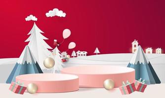 Christmas scene with podiums, mountains, and gifts vector