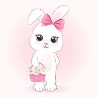 Cute Bunny and flowers basket cartoon illustration vector