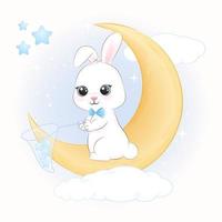 Cute Bunny holding stars in net on the moon vector