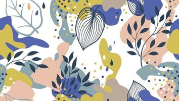 Abstract organic blots and leaves seamless pattern in trendy style. Stylish background with dots and flowing floral shapes. vector