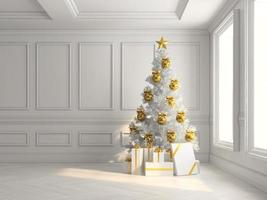 interior con un árbol de navidad y cajas de regalo en la ilustración 3d foto