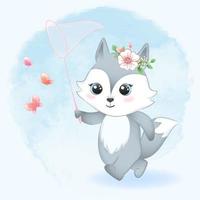 Cute fox and catching butterflies with net vector