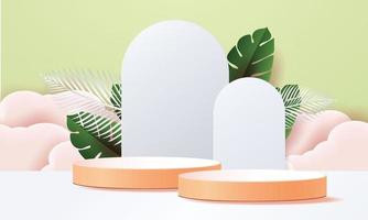 3D podiums and tropical leaves in the clouds vector