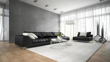 Interior of a modern room with black couches in 3D rendering photo