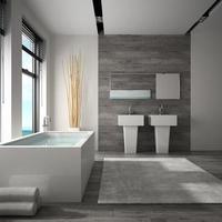 Interior of a bathroom with a sea view in 3D rendering photo