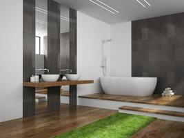 Interior of a bathroom with wooden floors in 3D rendering
