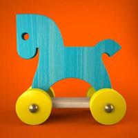 Blue wooden horse toy on a red background in 3D illustration